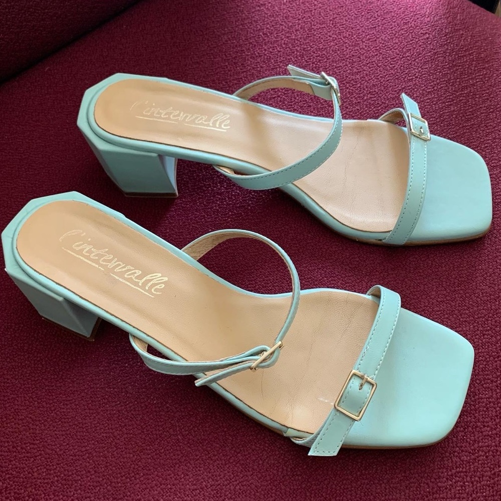 Intervalle Mint green double strap buckle sandals with geometric heel EU 38